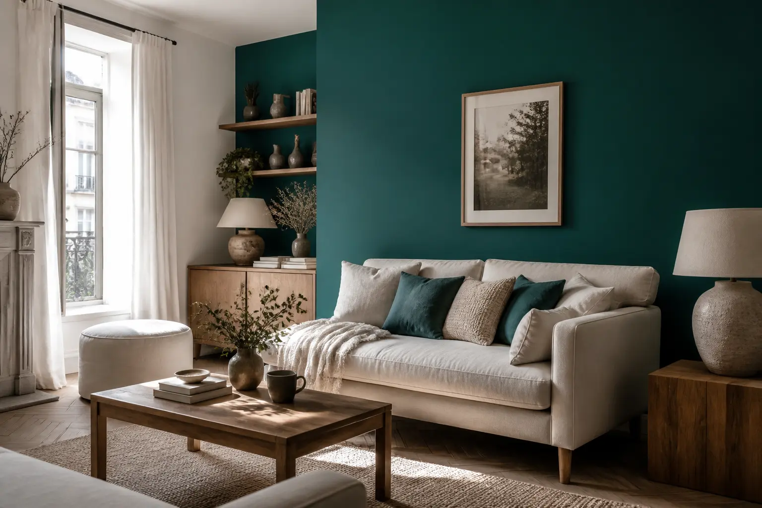 Salon lumineux avec mur accent bleu canard peinture, canapé beige, bois chaleureux et lumière naturelle douce