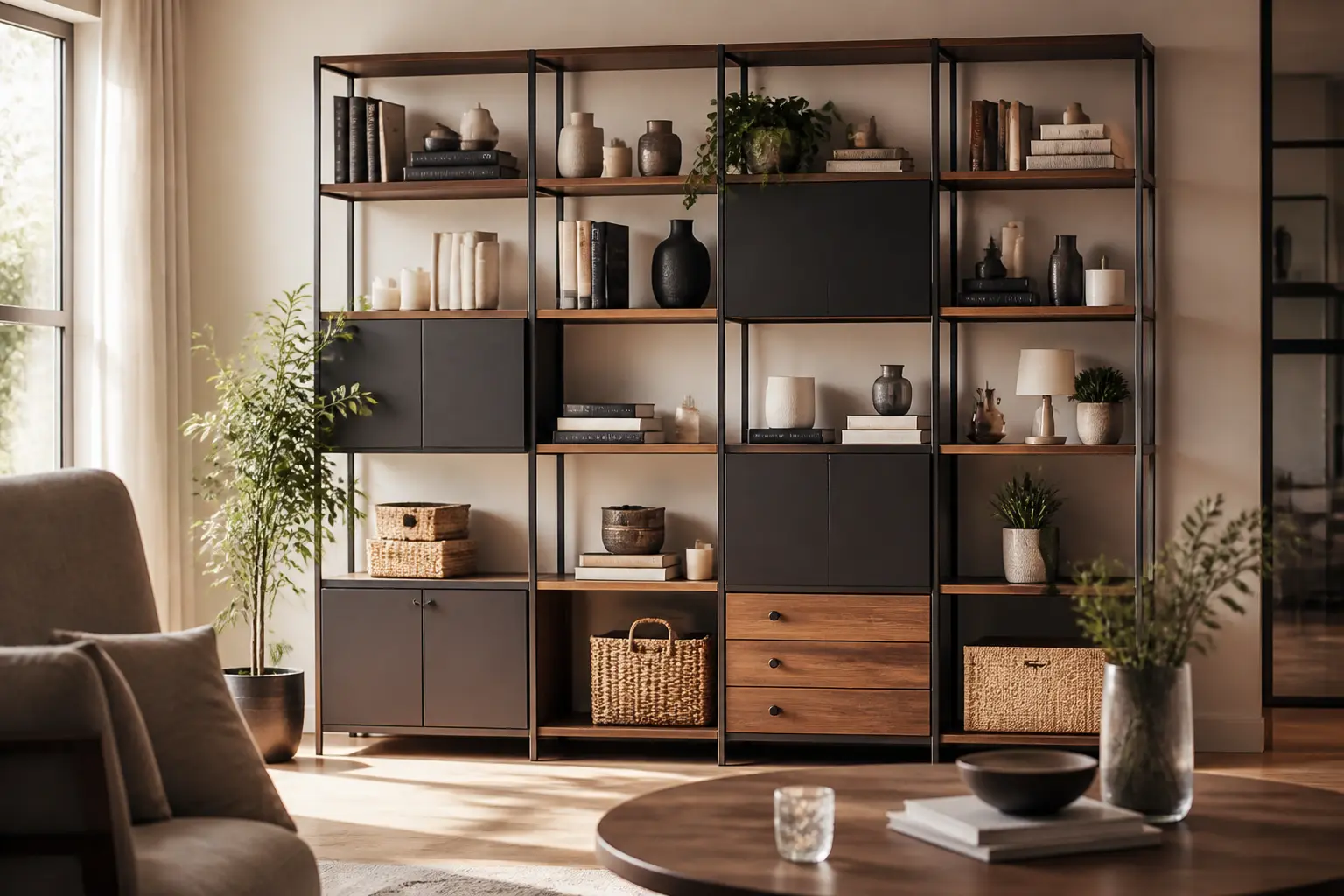 etagere modulable en bois et métal dans un salon moderne, rangement élégant et pratique, lumière naturelle douce