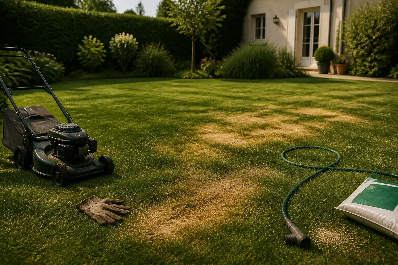 Gazon anglais inconvénients dans un jardin français : pelouse verte avec zones sèches, arrosoir, tondeuse et entretien intensif