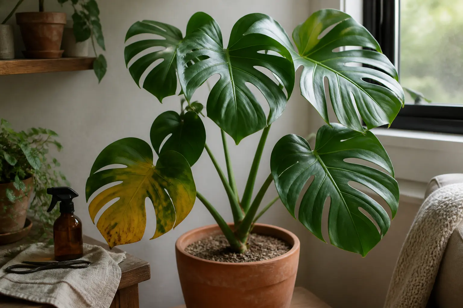 Monstera feuille jaune en intérieur, feuilles vertes saines, pot en terre cuite, lumière naturelle douce.