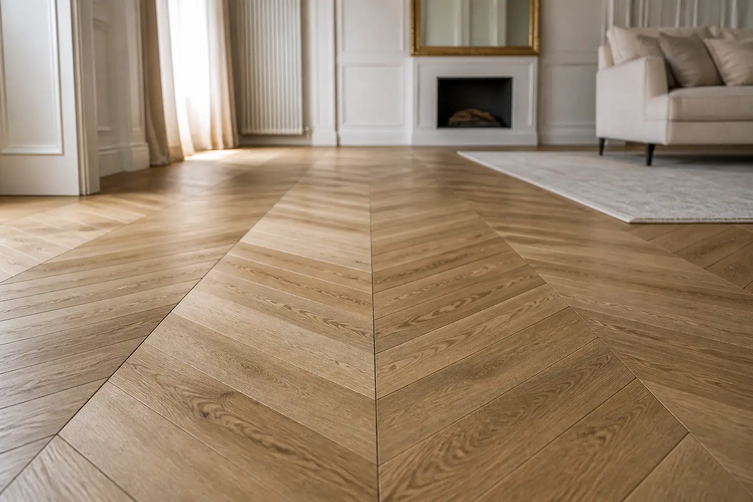 Parquet en point de hongrie en chêne, vue basse d’un intérieur élégant, lumière naturelle et lignes 45° raffinées