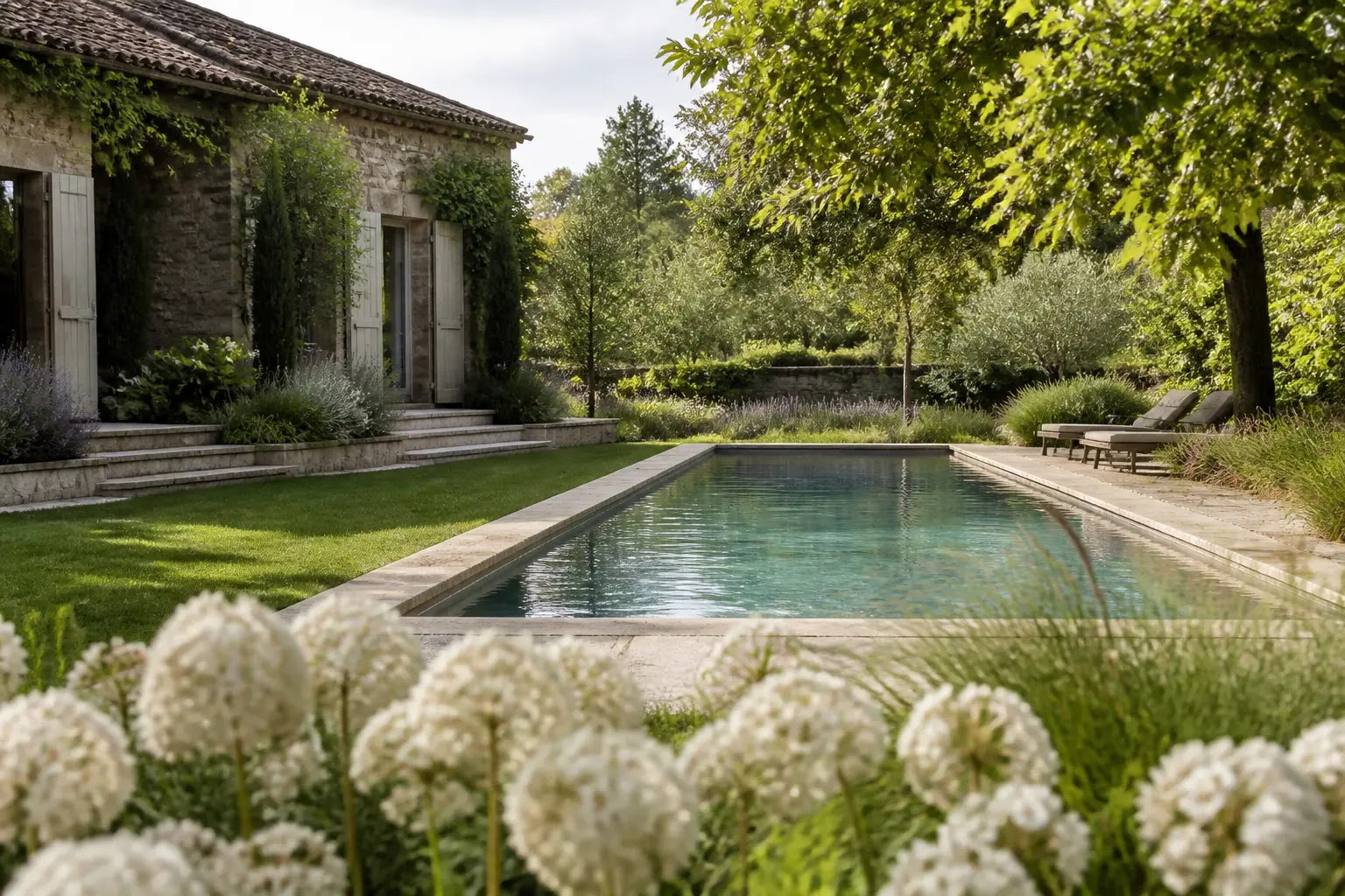 Piscine dans le jardin d’une maison française, intégrée au paysage, eau calme, matériaux naturels, lumière douce