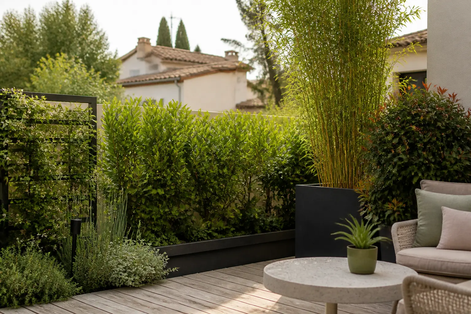 Plante brise vue sur terrasse moderne : bambou, photinia, laurier et jasmin masquent les voisins en douceur
