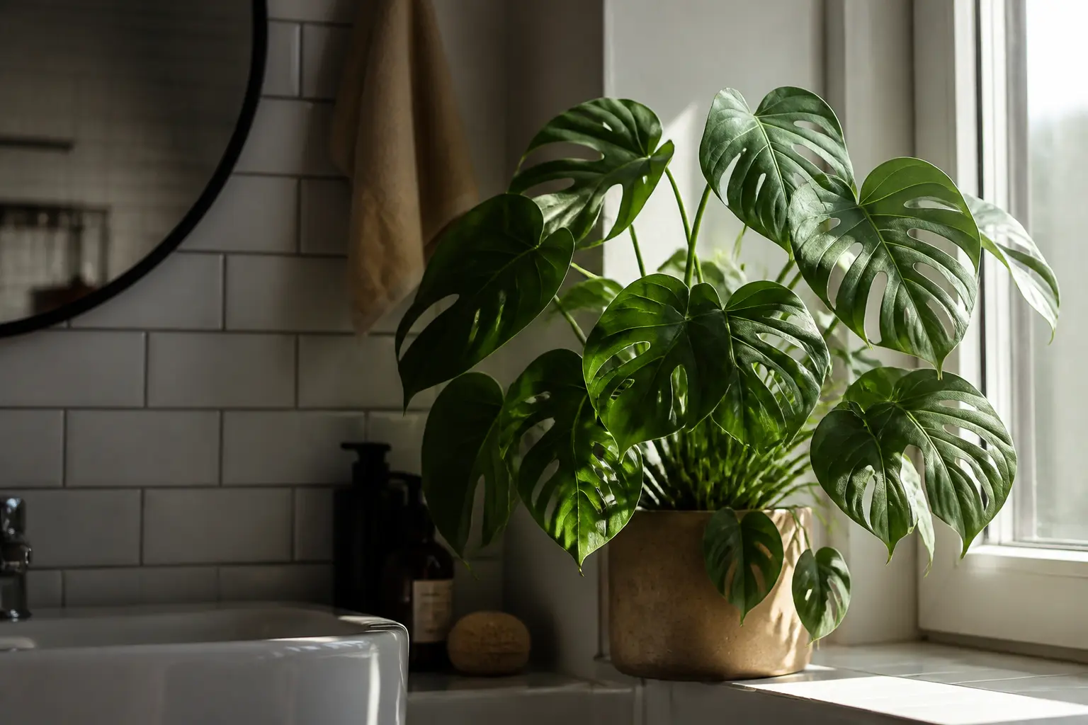Plante salle de bain tropicale dans une salle de bain française lumineuse, déco élégante et apaisante, lumière naturelle.