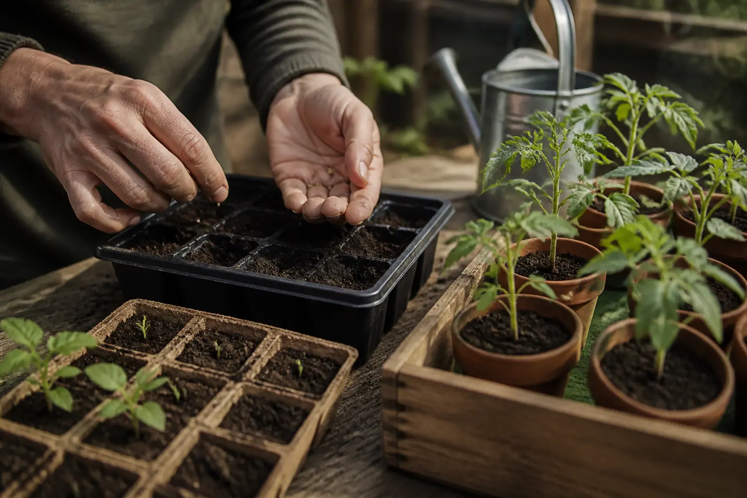 Quand et comment semer les tomates : mains semant des graines en godets, jeunes plants, arrosoir, lumière douce.