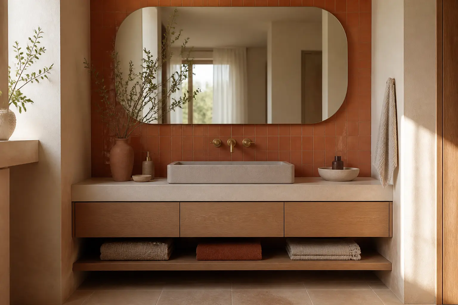 Salle de bain terracotta élégante avec mur d’accent, vasque en pierre, bois clair et robinet en laiton, lumière douce