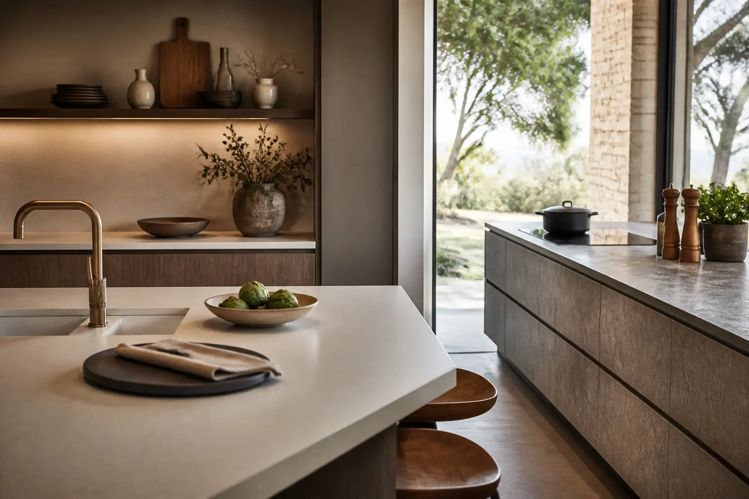 Cuisine contemporaine comparant silestone ou dekton, plans de travail premium, textures pierre, lumière naturelle, bois chaleureux
