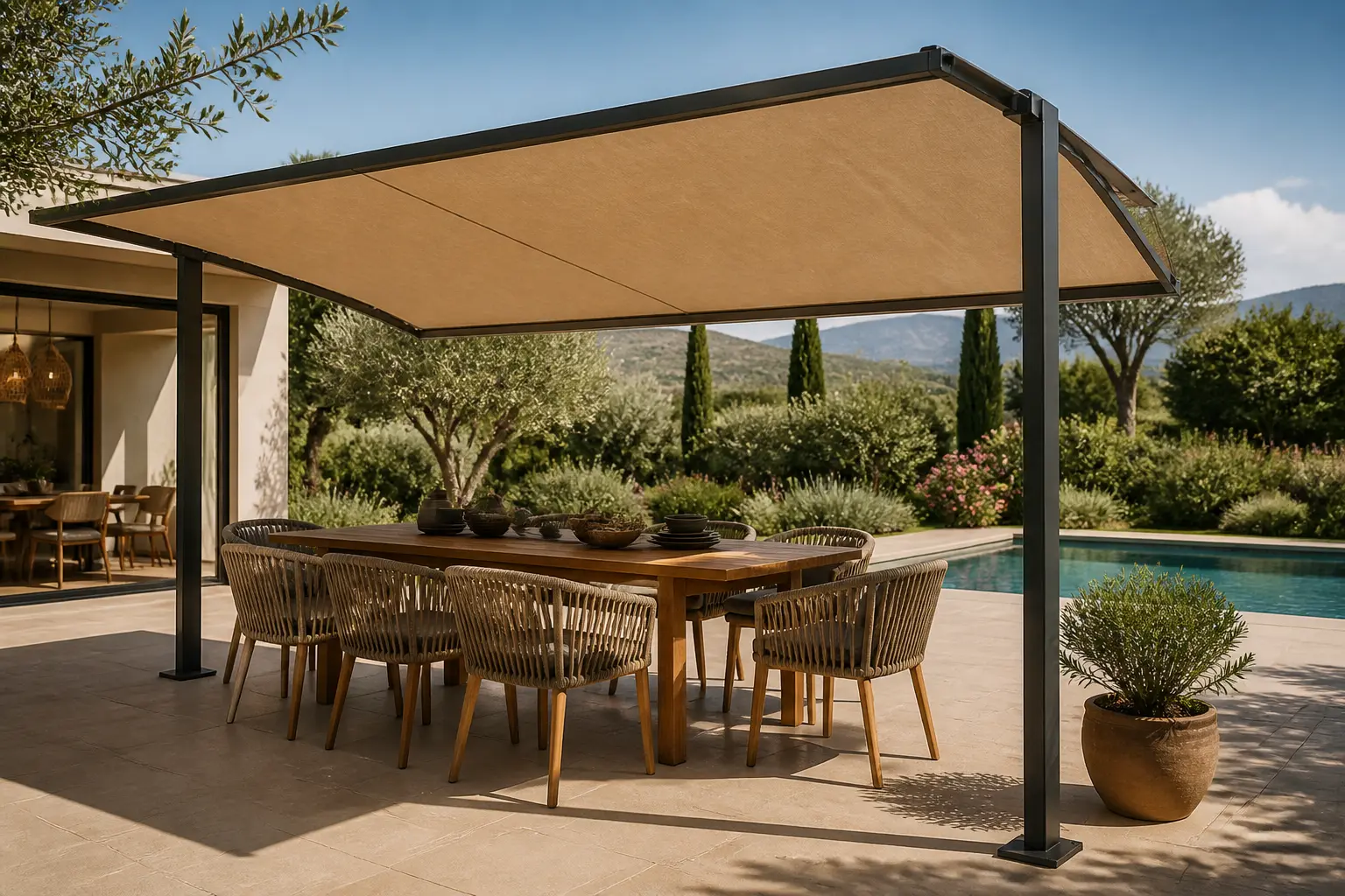 Store banne double pente autoportant sur terrasse moderne, ombrage élégant près d’un jardin et d’une piscine, style premium.