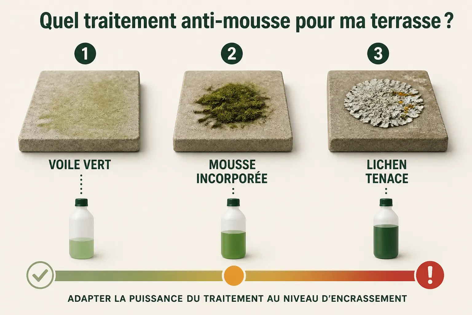 Anti mousse terrasse : guide visuel pour choisir le traitement selon film vert, mousse incrustée ou lichen tenace.