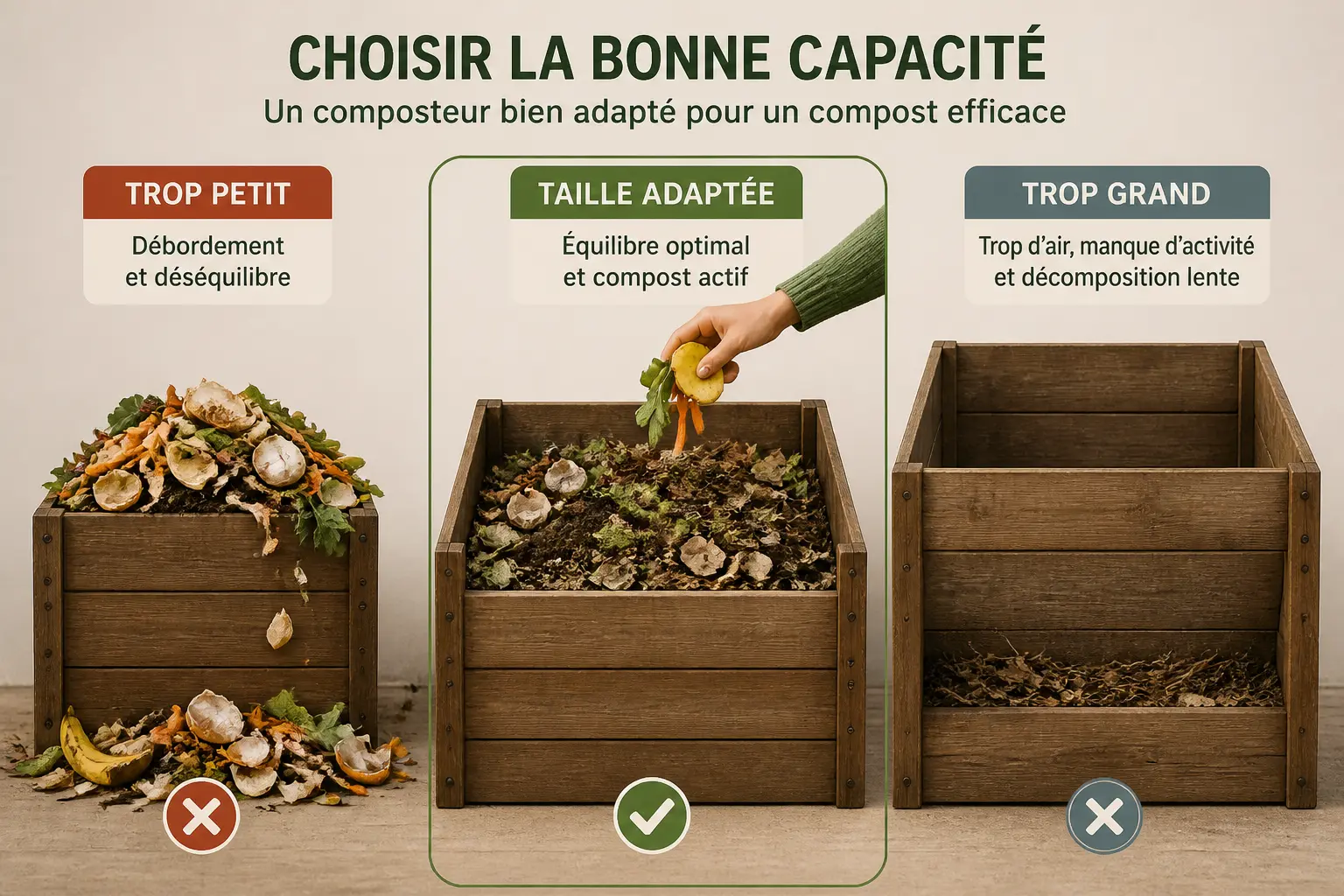 Composteur en bois : trois tailles comparées, trop petit débordant, moyen idéal, trop grand presque vide