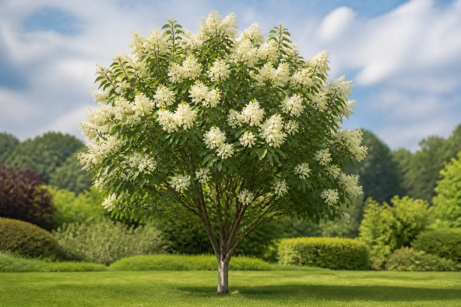 Lilas du Japon en arbre isolé, fleurs blanches et port compact dans un jardin paysager