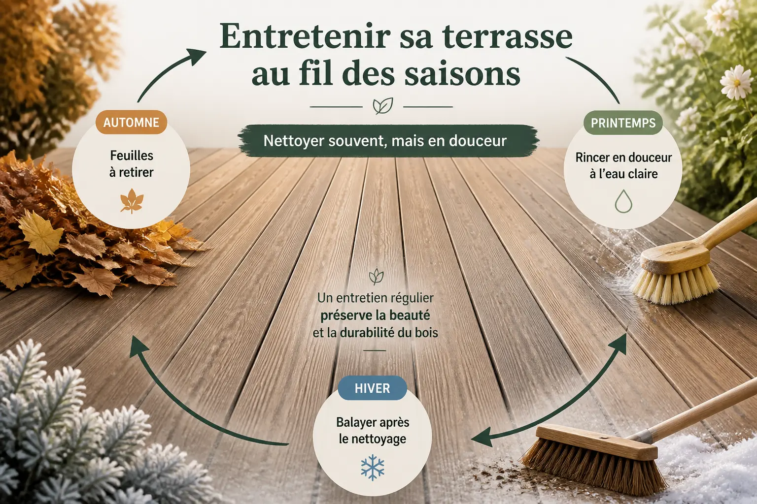 Nettoyer une terrasse en bois : rythme saisonnier doux avec feuilles d’automne, brosse de printemps et balai d’hiver.