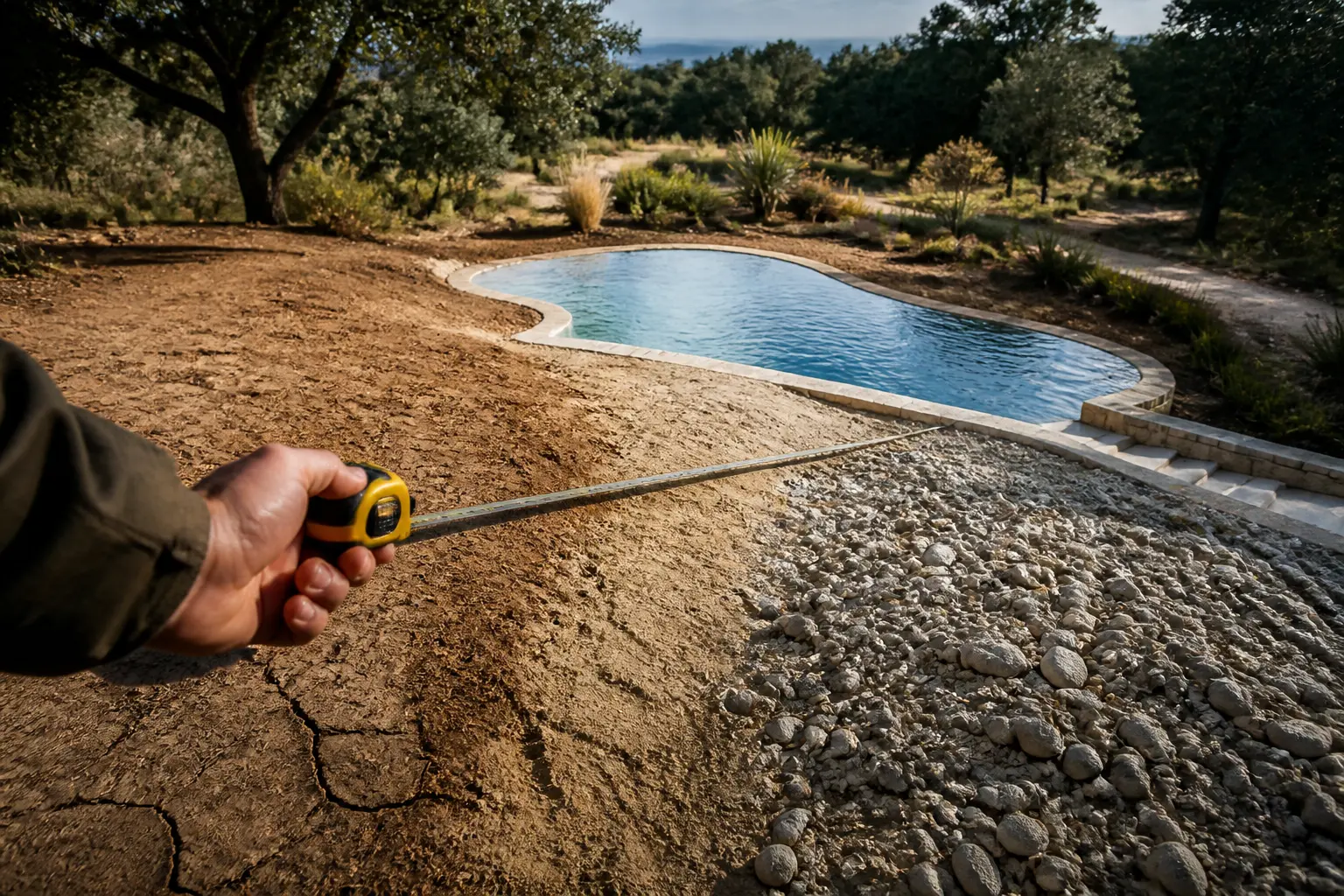 Piscine dans le jardin sur terrain en pente, avec mesure du sol et implantation semi-enterrée