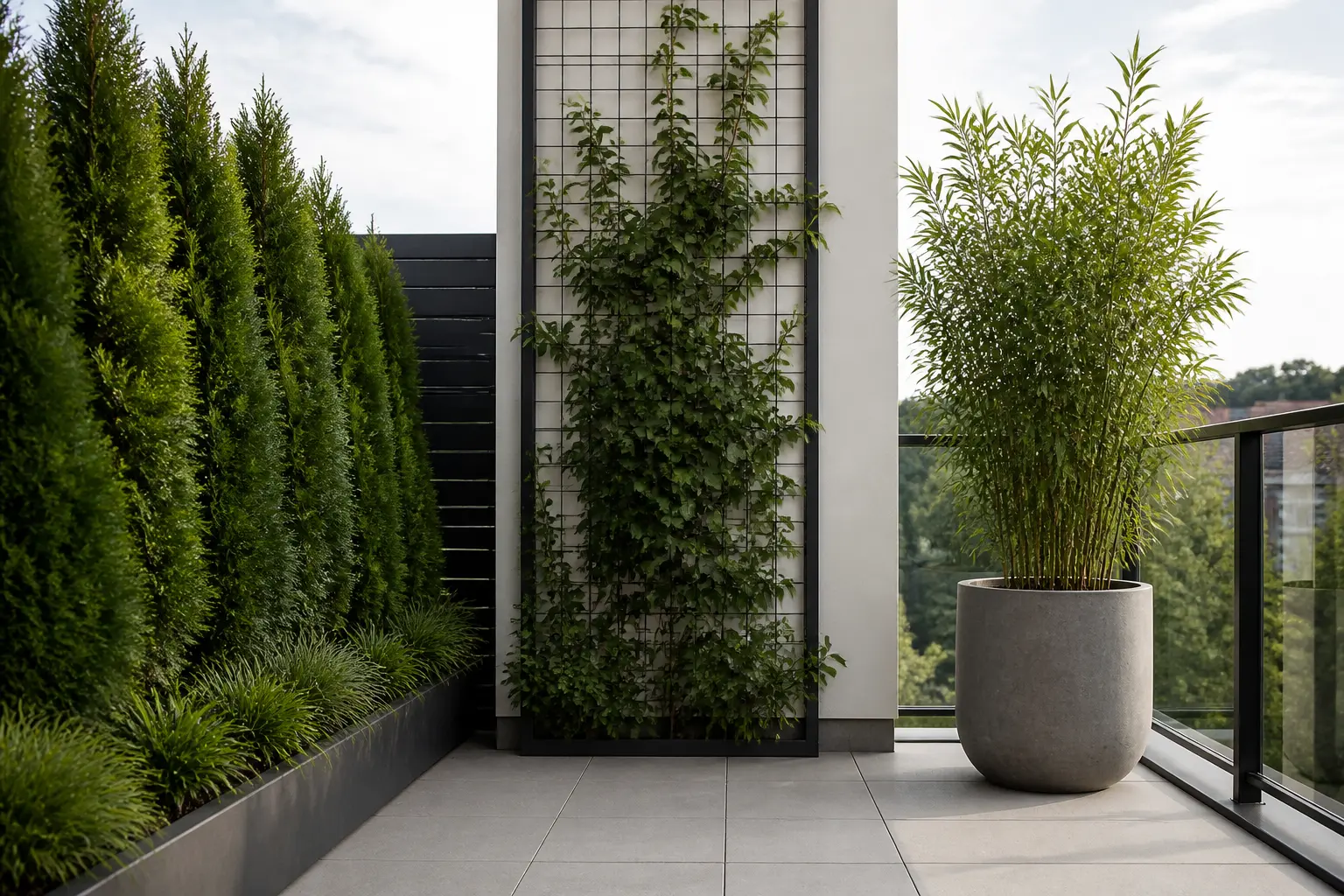 Trois options de plante brise vue : haie dense, grimpante sur treillis et grand pot sur balcon.