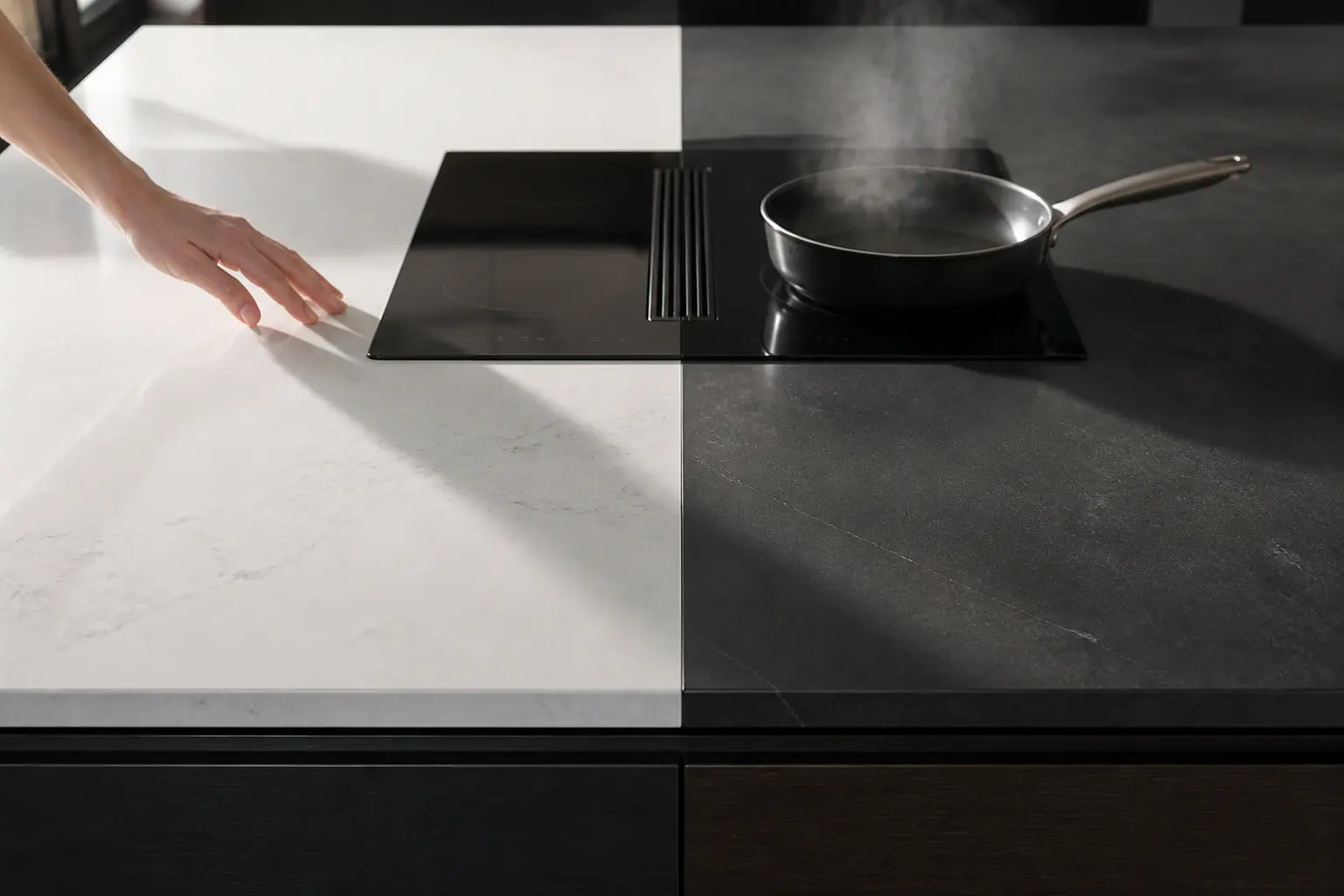 Comparatif silestone ou dekton sur plan de travail moderne, avec main, plaque et poêle chaude