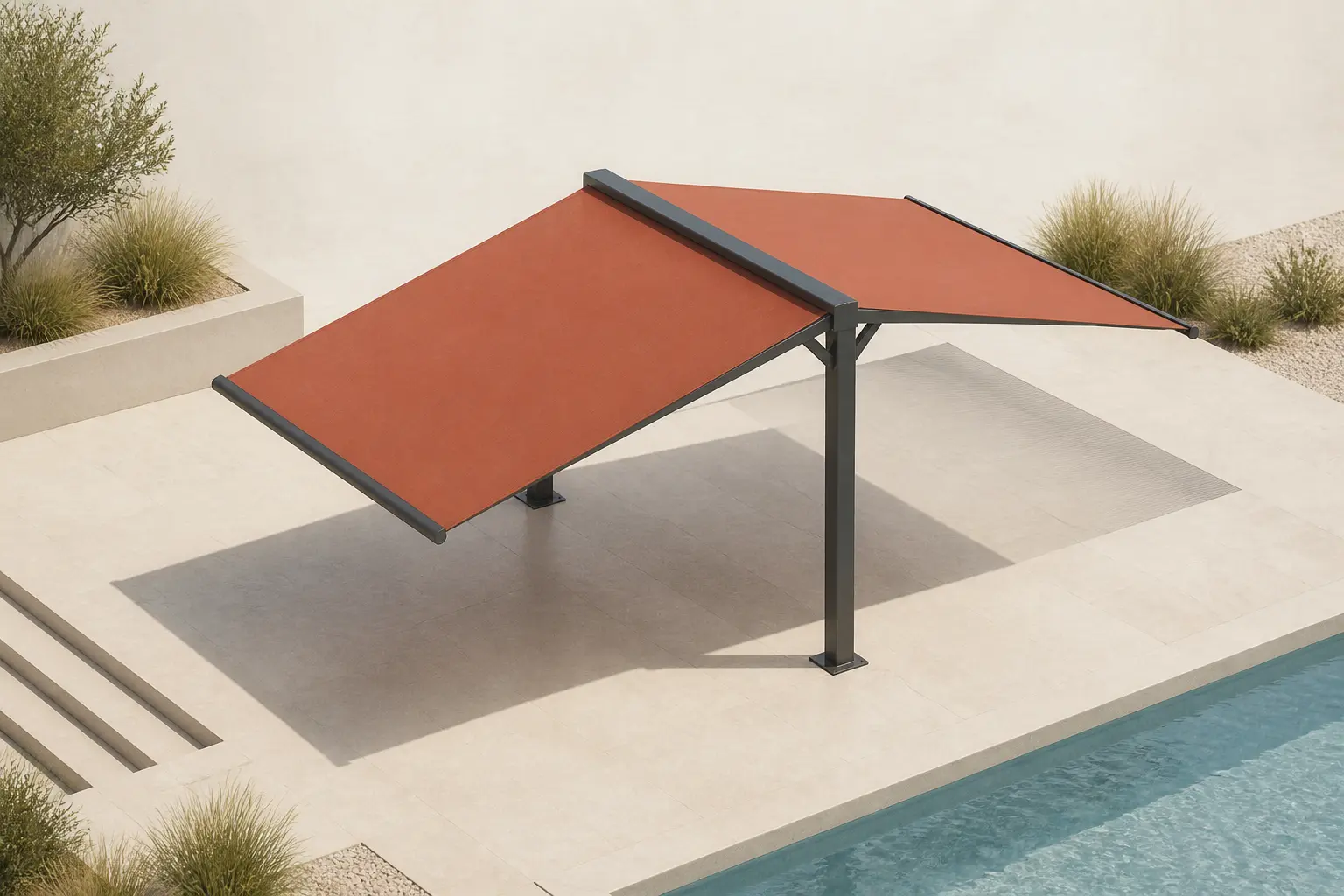 Store banne double pente autoportant en vue isométrique, avec deux toiles et deux poteaux sur terrasse.