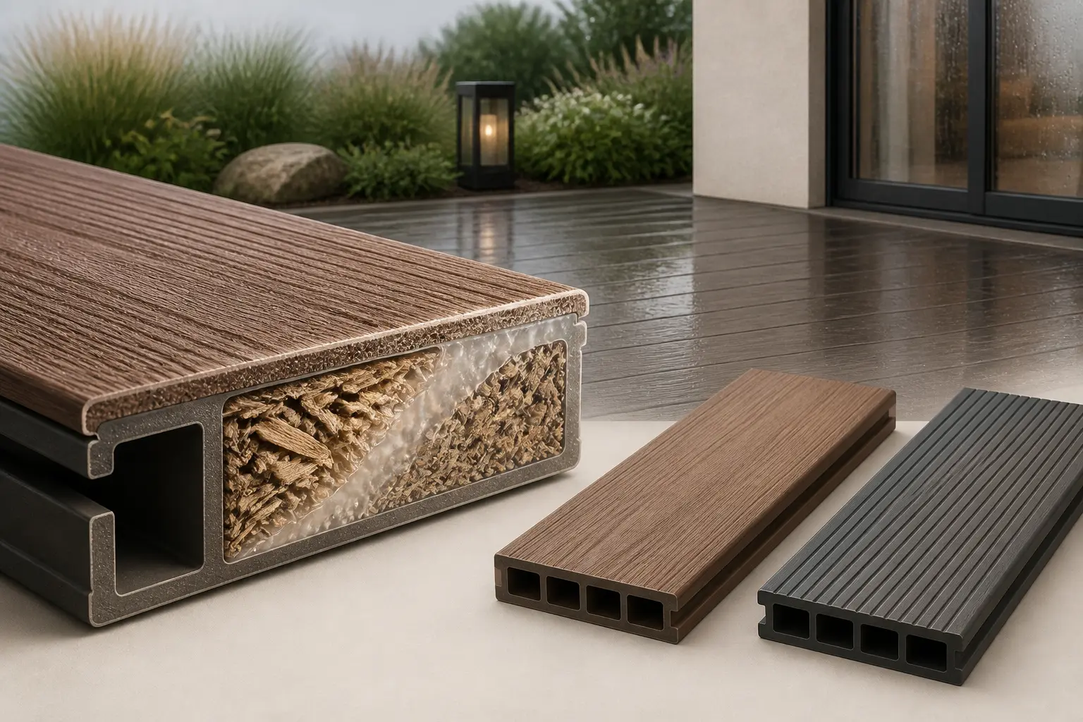 Terrasse composite : coupe d’une lame hybride avec fibres de bois, résine et échantillons de lames