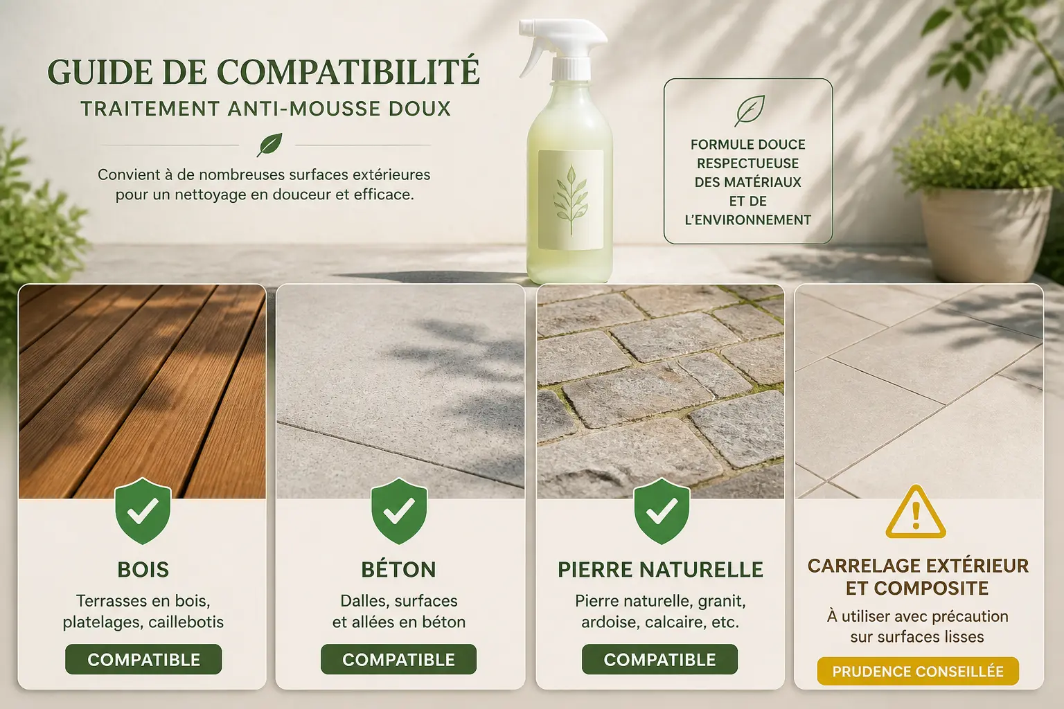 Anti mousse terrasse : guide des supports compatibles, bois, béton, pierre et carrelage composite