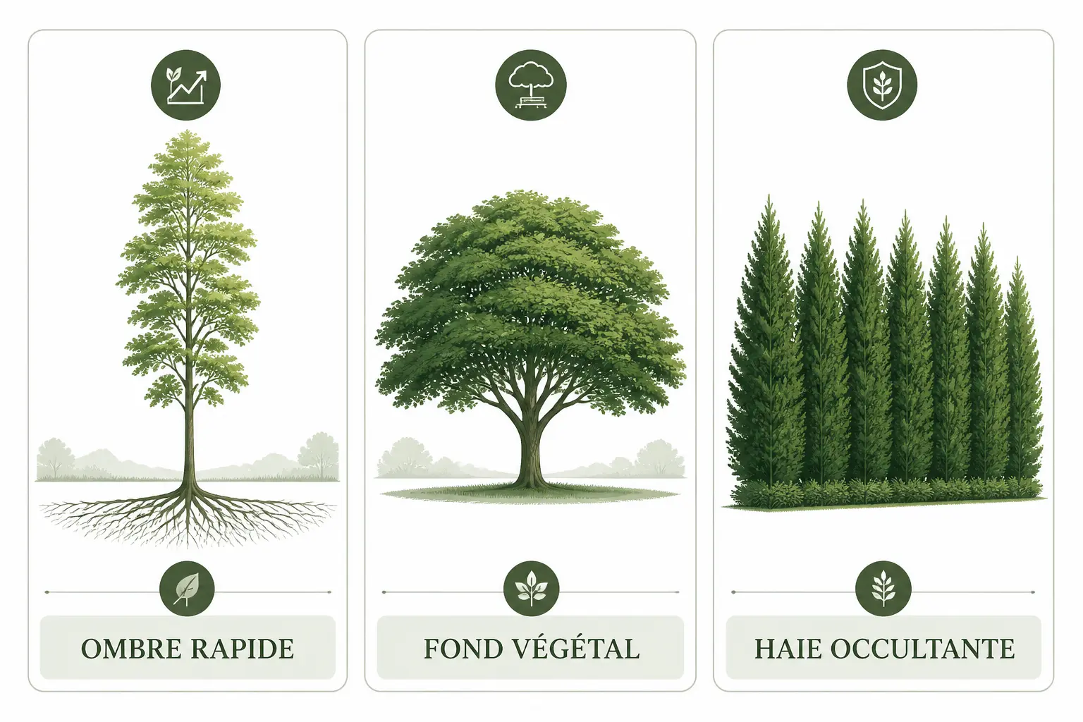 Comparatif d’arbre croissance rapide : trois silhouettes pour ombre rapide, fond végétal et haie occultante.