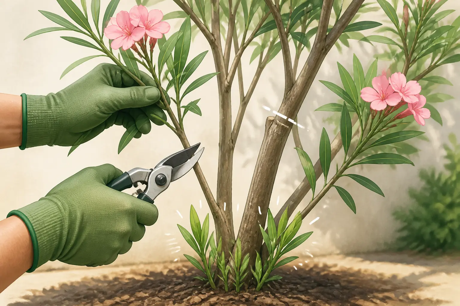 Comment tailler laurier rose : un jardinier coupe une tige fine, guide une branche et stimule de jeunes pousses.