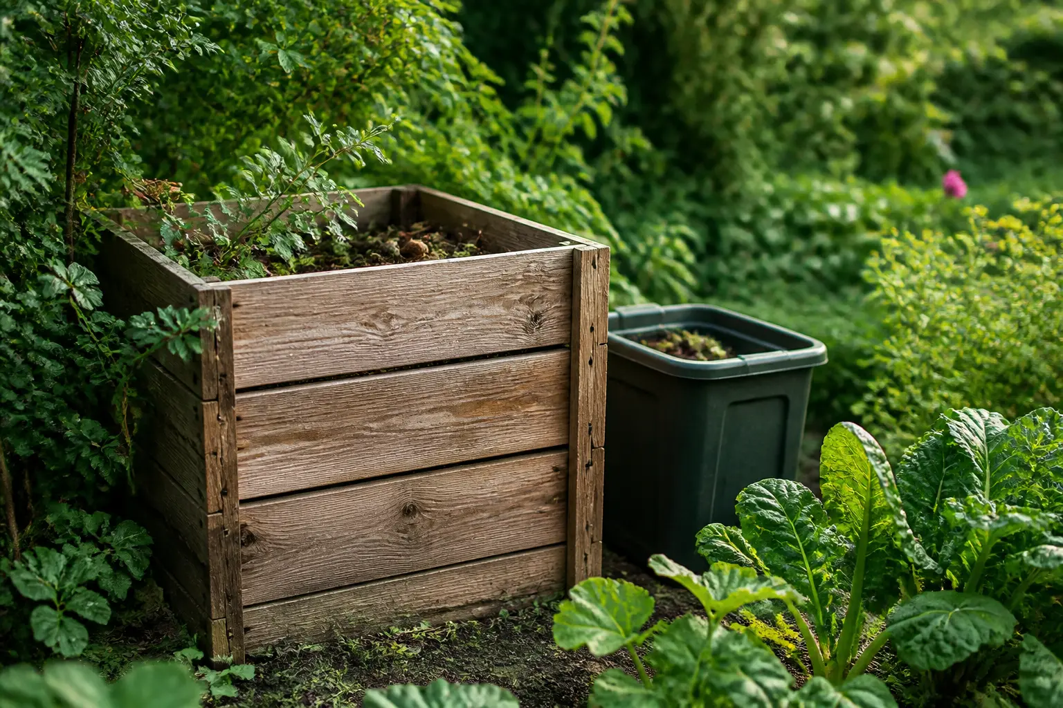 Composteur en bois dans un jardin luxuriant, à côté d’un petit composteur plastique discret