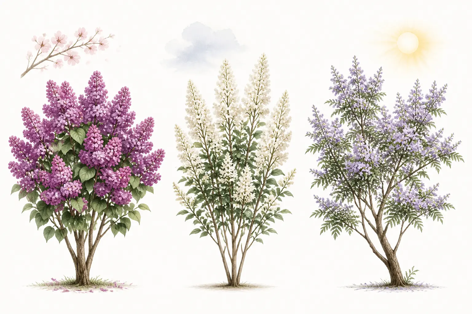 Lilas du Japon comparé au lilas commun et au lilas des Indes, trois silhouettes florales distinctes.
