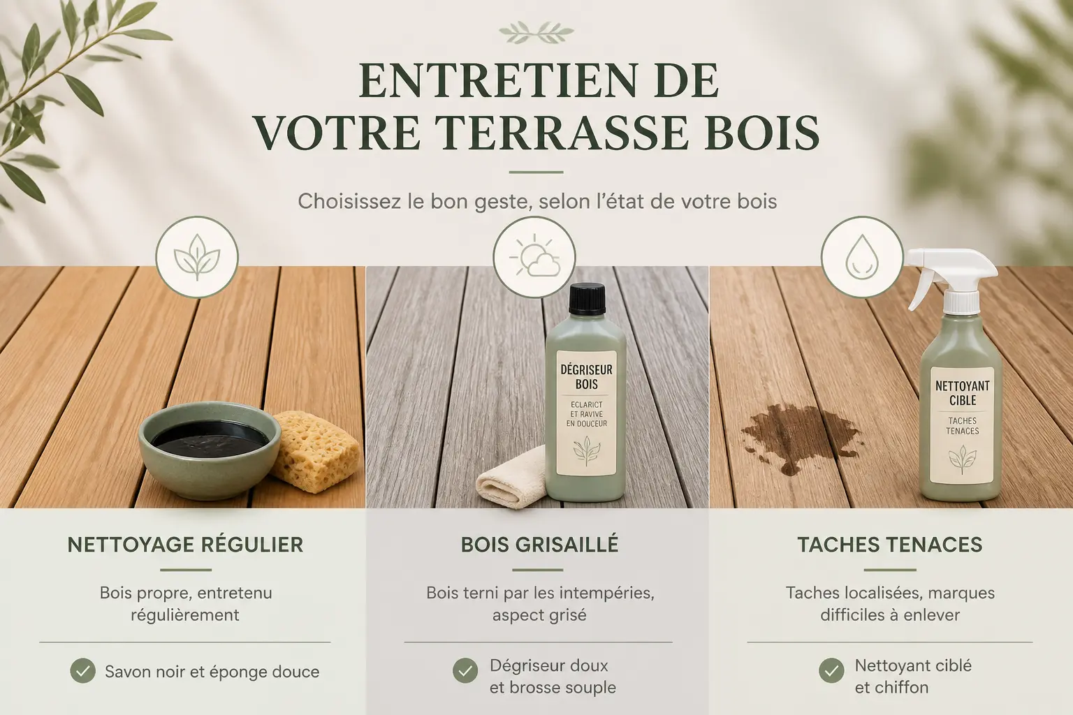Nettoyer une terrasse en bois : guide visuel des produits selon bois sain, grisé ou taché