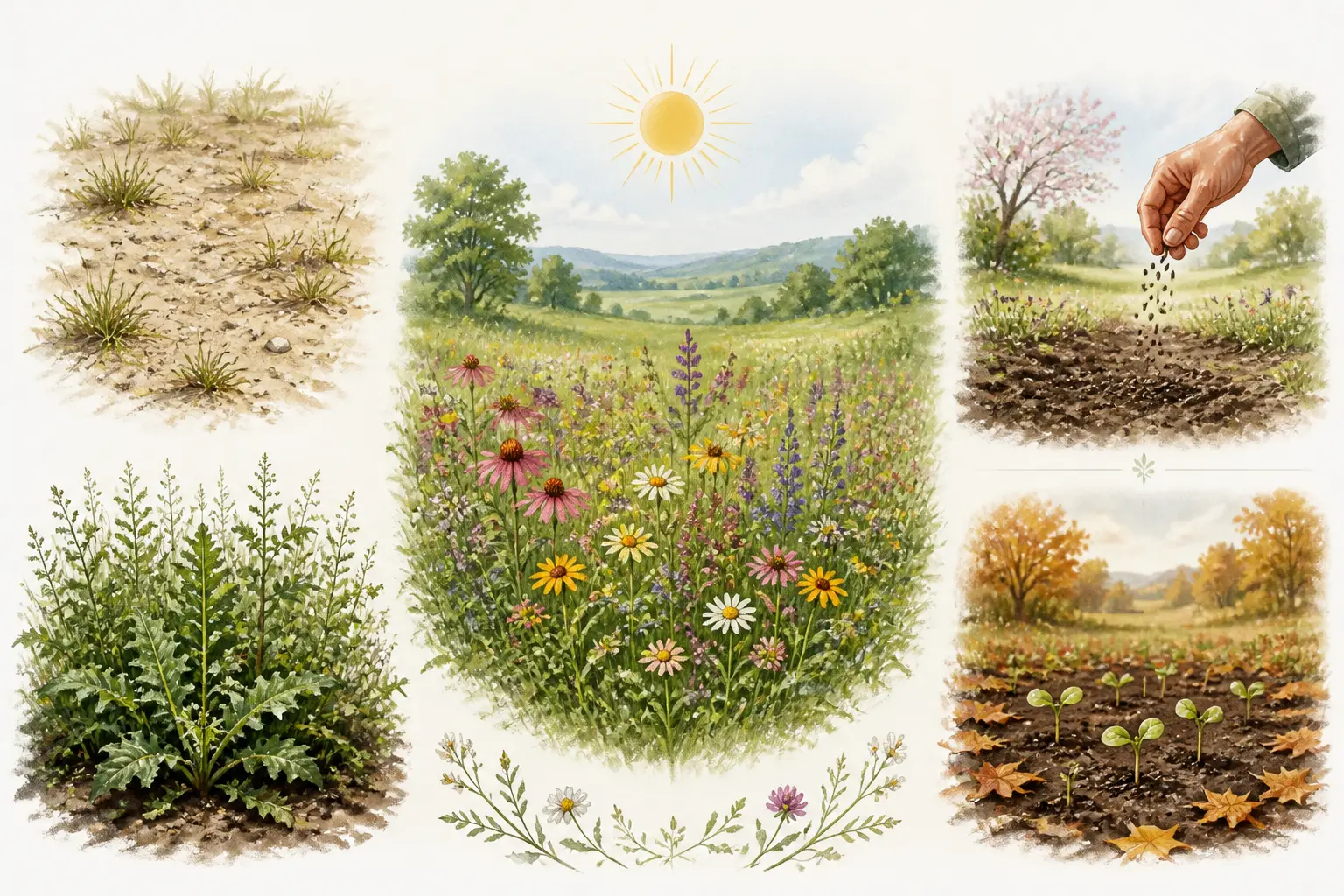 Prairie fleurie : sol sableux pauvre, sol riche envahi, soleil et saisons printemps-automne.