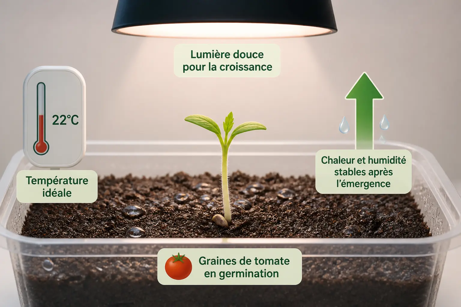 Quand et comment semer les tomates : un semis de tomate germe à 22 °C sous une lumière douce, sol humide.