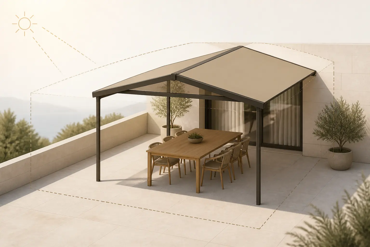 Terrasse compacte avec store banne double pente couvrant juste la zone repas, sans surdimensionner.