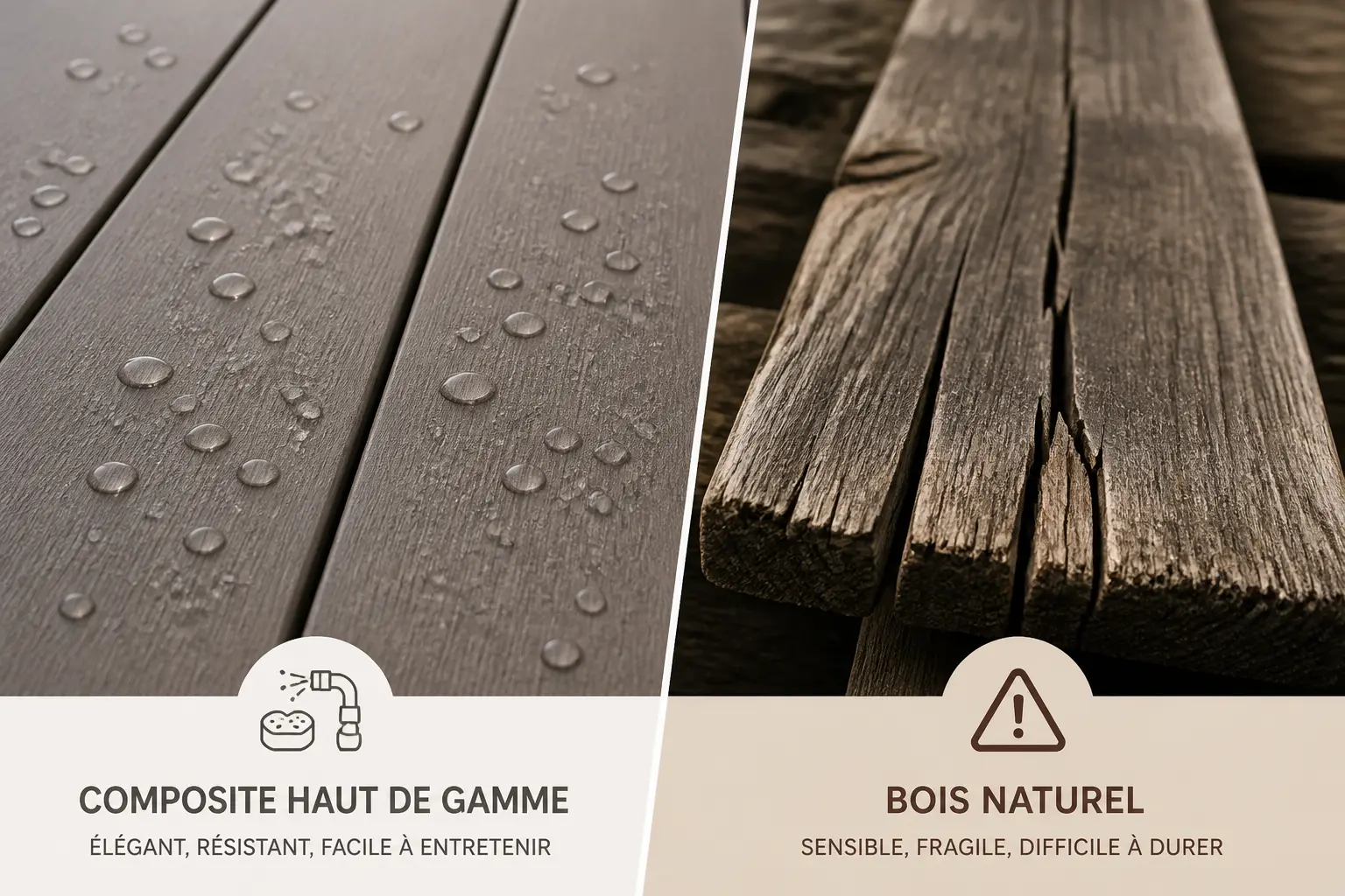 Terrasse composite : comparaison entre lames régulières faciles d’entretien et bois naturel abîmé