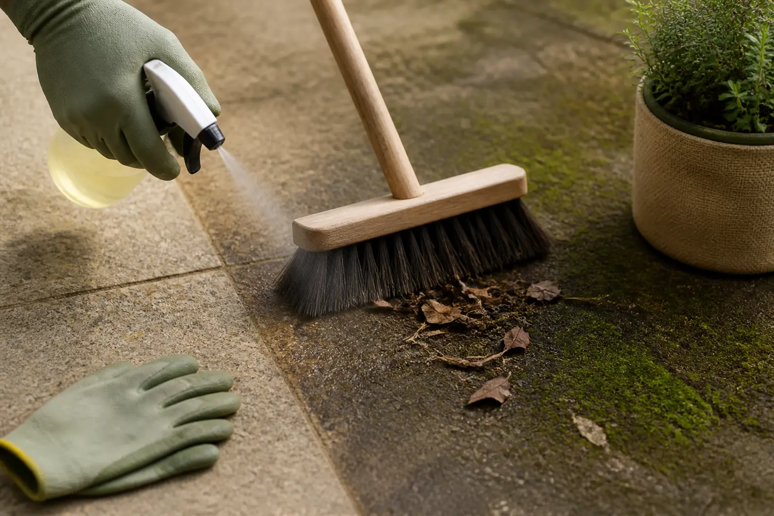 Anti mousse terrasse : préparation d’une terrasse avec balai, spray, gants et plante protégée.