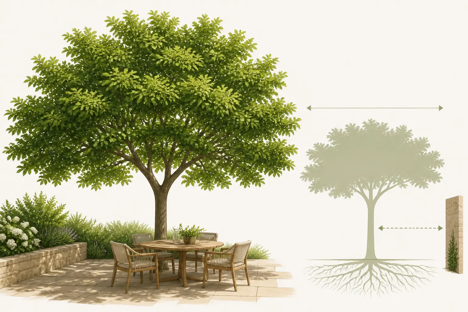 Arbre croissance rapide offrant de l’ombre à une terrasse, avec repère discret des racines et de la largeur.