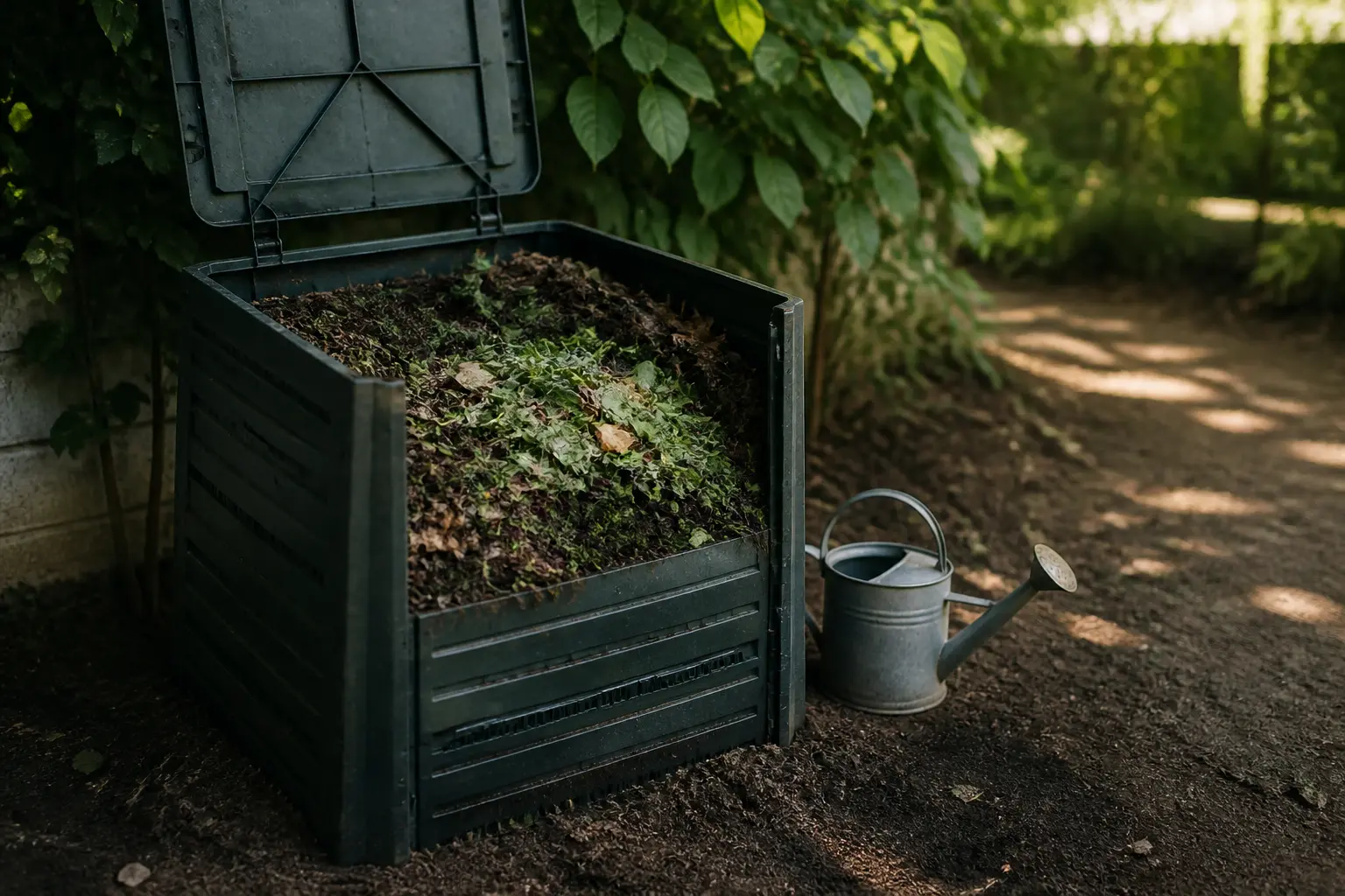 Composteur en bois ouvert sur sol nu, avec déchets verts et feuilles sèches, en coin de jardin ombragé.