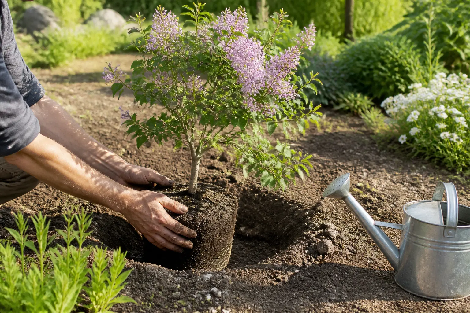 Lilas du Japon planté en plein soleil dans un sol drainé, avec espace libre et arrosoir à proximité.