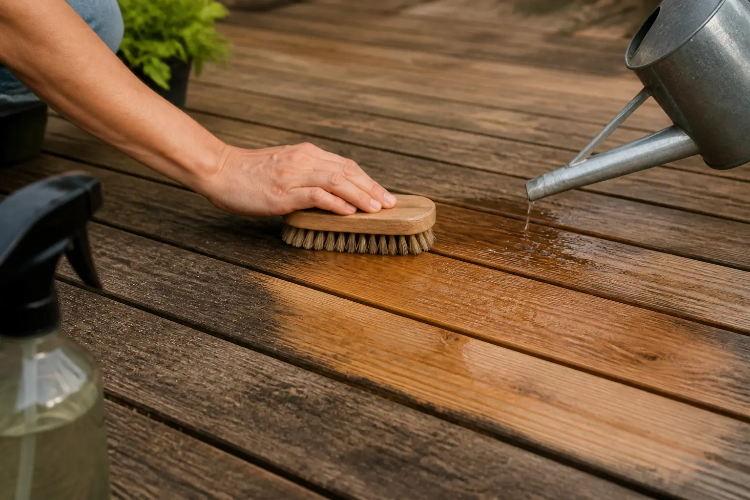Nettoyer une terrasse en bois avec une brosse souple, un arrosoir et un nettoyant sur une lame usée