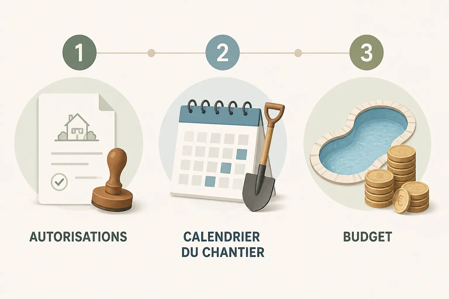 Piscine dans le jardin : frise en 3 étapes avec autorisations, calendrier du chantier et budget