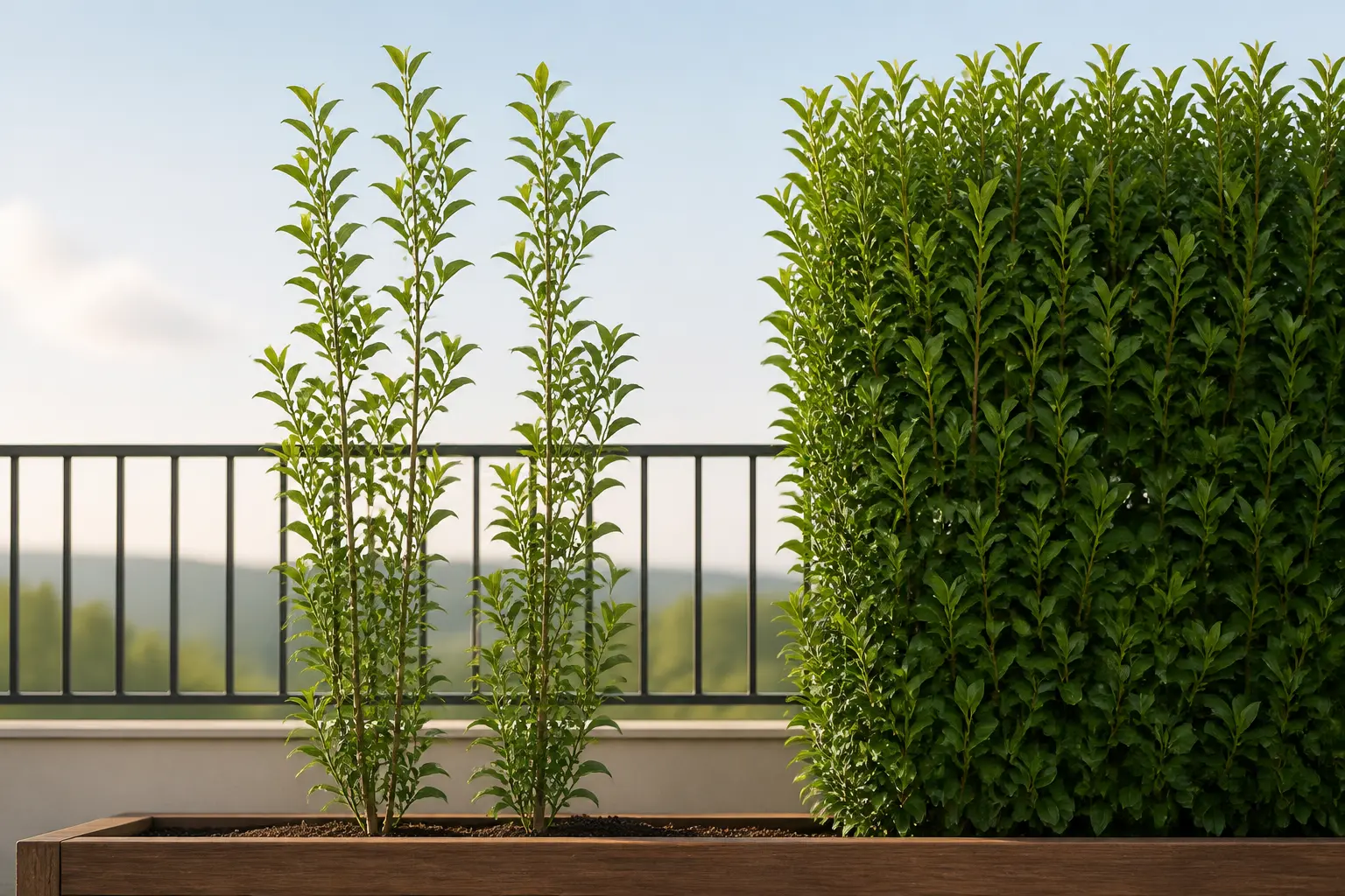 Plante brise vue jeune et haute mais clairsemée, face à une haie plus dense, dans un jardin terrasse
