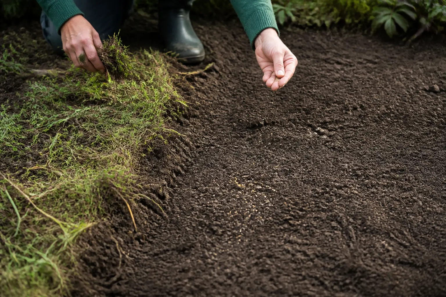 Préparation d’une prairie fleurie : mains retirant gazon et mauvaises herbes, sol lissé et graines semées.