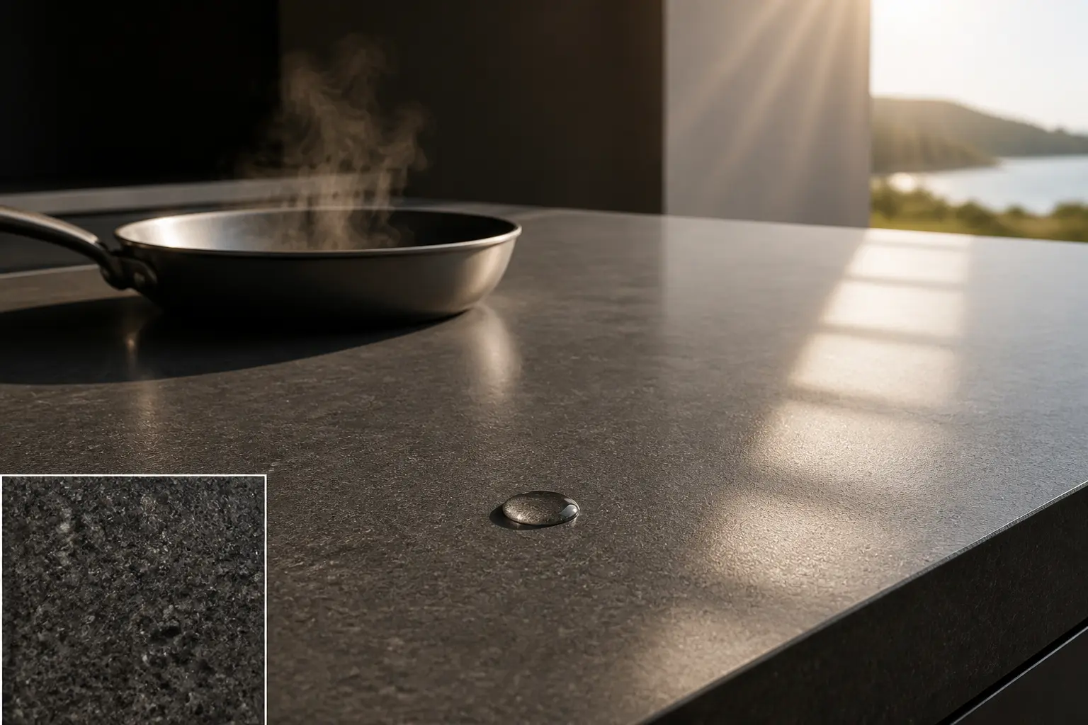 Plan de travail Dekton en cuisine moderne, résistant à la chaleur et aux UV, texture minérale et goutte d’eau.