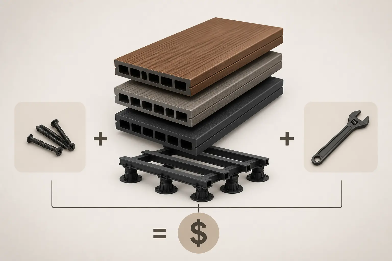 Terrasse composite : schéma du budget au m² avec lames, structure, visserie et pose