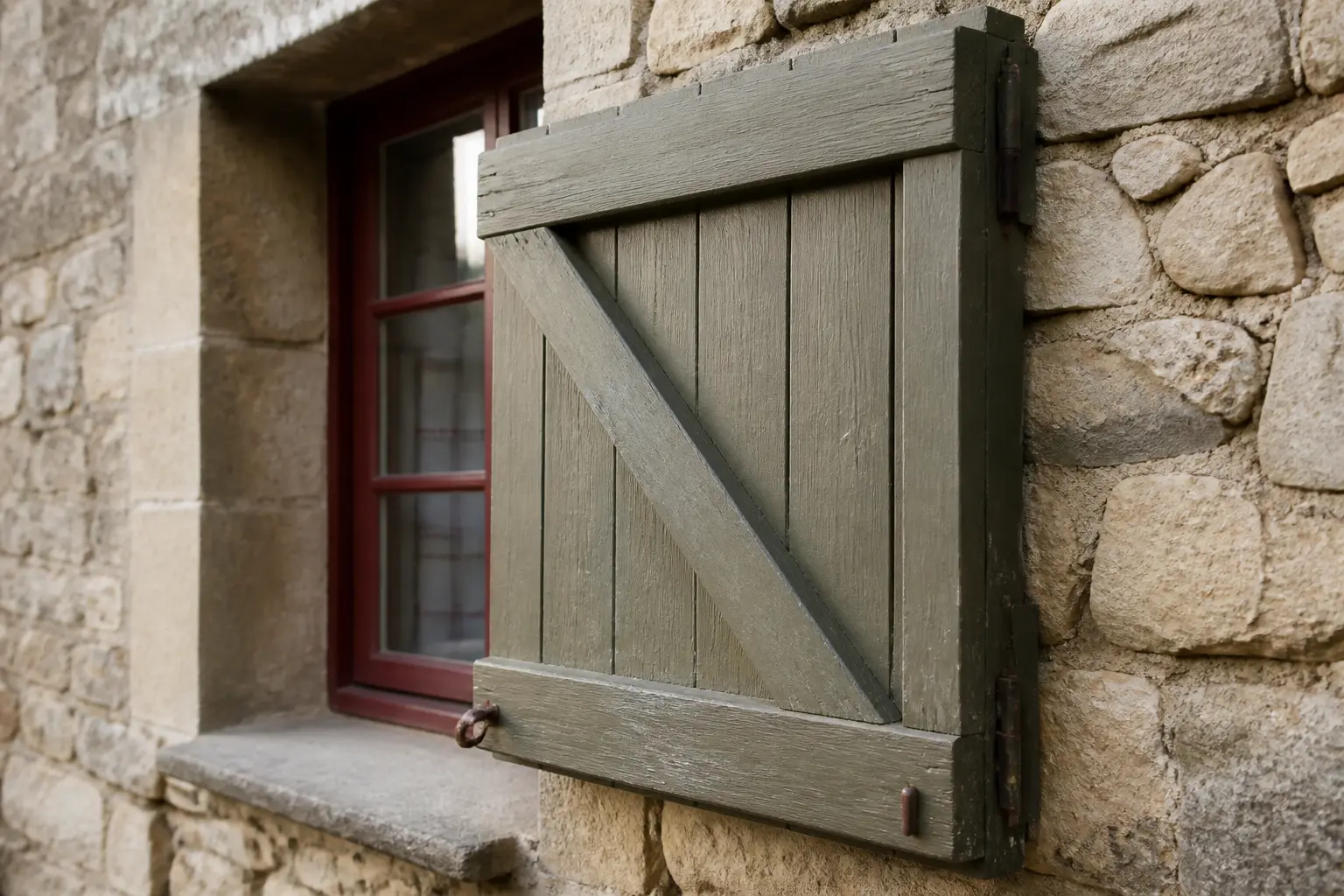 Volet en bois à croisillon sur façade en pierre, illustrant fabriquer des volets en bois avec lumière naturelle douce