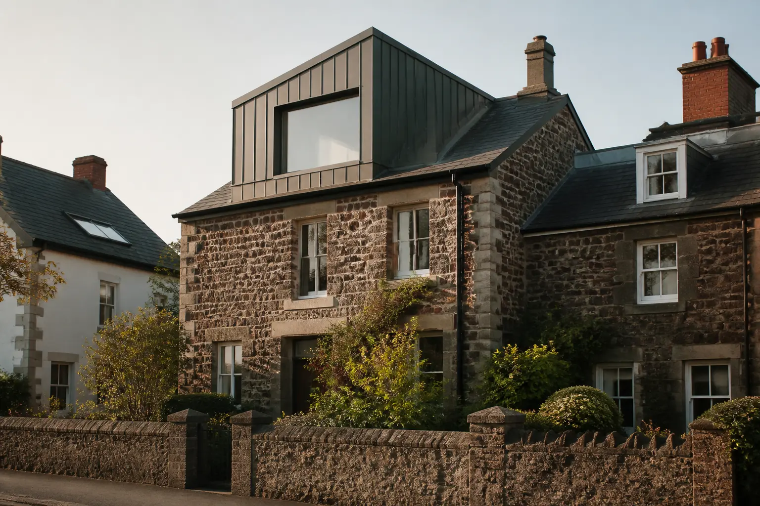 Surélévation maison ancienne sur maison en pierre, vue trois-quarts d’une extension de toit en façade résidentielle traditionnelle