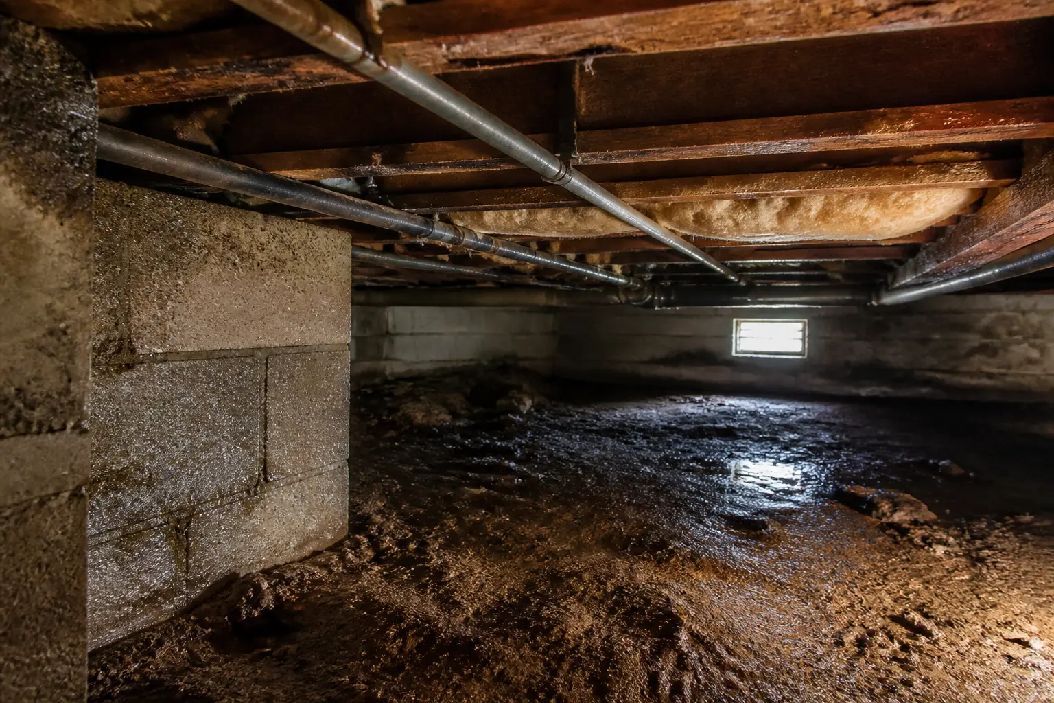 aeration vide sanitaire d’un crawl space humide sous maison, poutres, condensation et ouverture de ventilation au loin