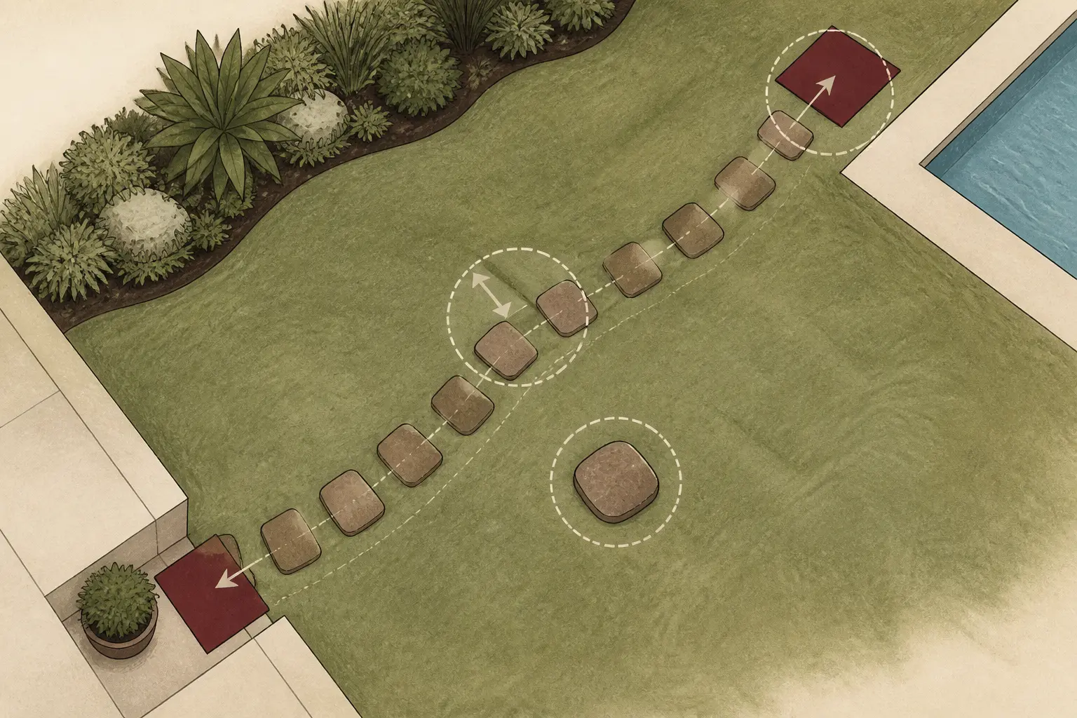 Plan d’allée pas japonais en vue de dessus, reliant pelouse, terrasse et massif avec pierres espacées avant travaux