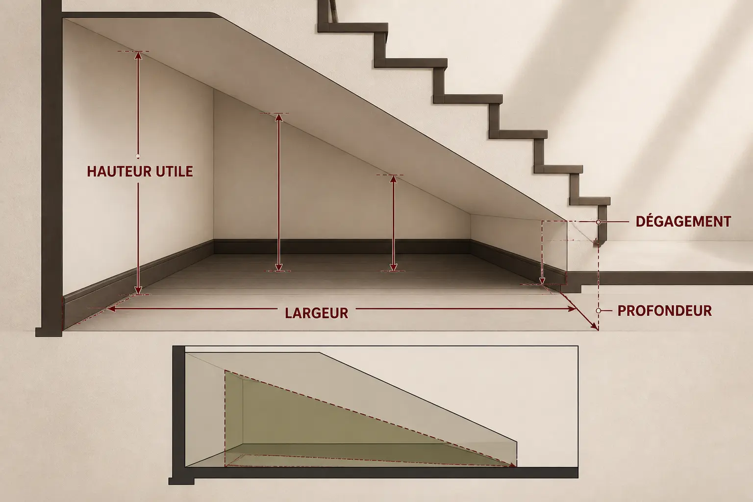 Schéma architectural des amenagements sous escaliers, avec volume mesuré, hauteurs utiles, largeur, profondeur et dégagements.