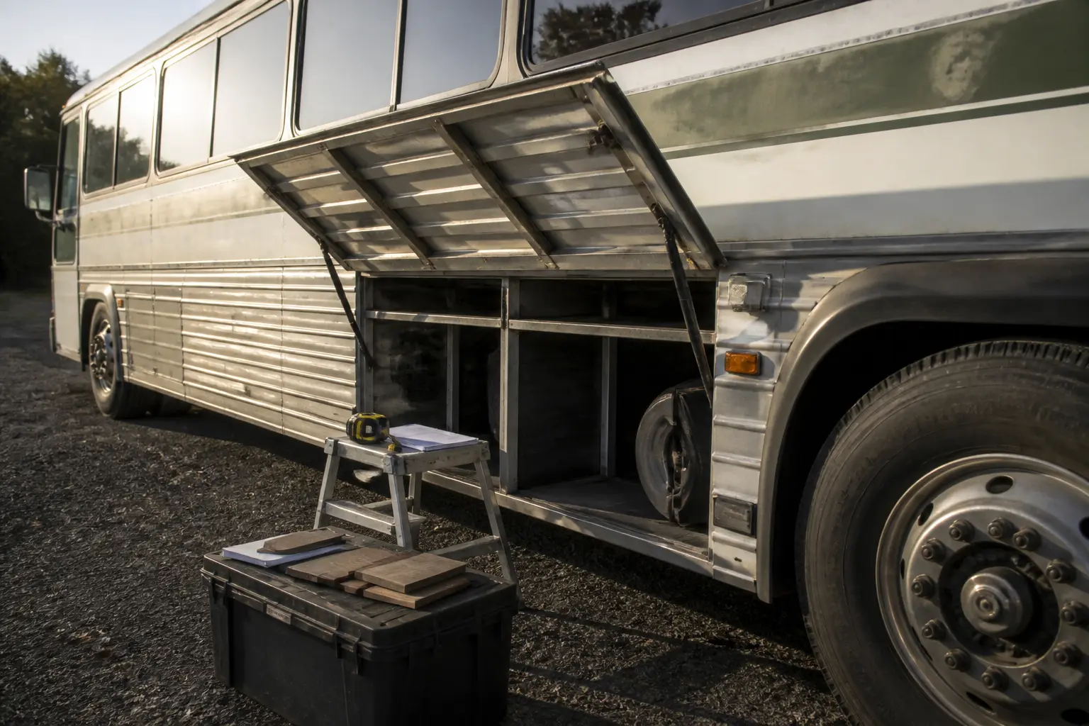 Bus d’occasion inspecté pour amenager un bus, châssis, roue, compartiment ouvert et outils de mesure visibles.