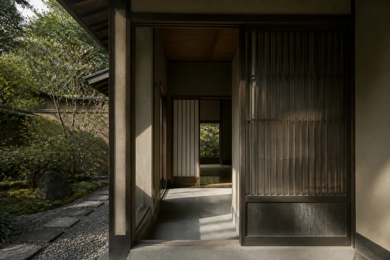 Architecture japonaise : entrée de maison japonaise minimaliste, genkan, screens coulissants et jardin sobre sous toit bas