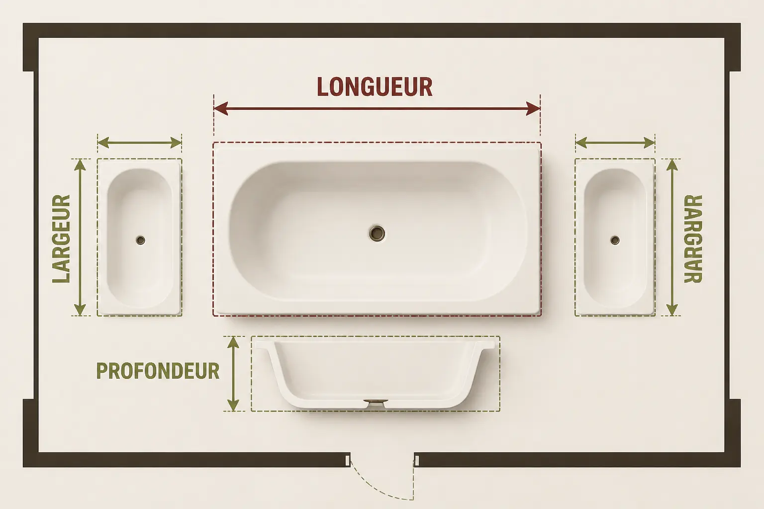 Schéma vue du dessus d’un baignoir taille standard, avec longueur, largeur et profondeur comparées par flèches.