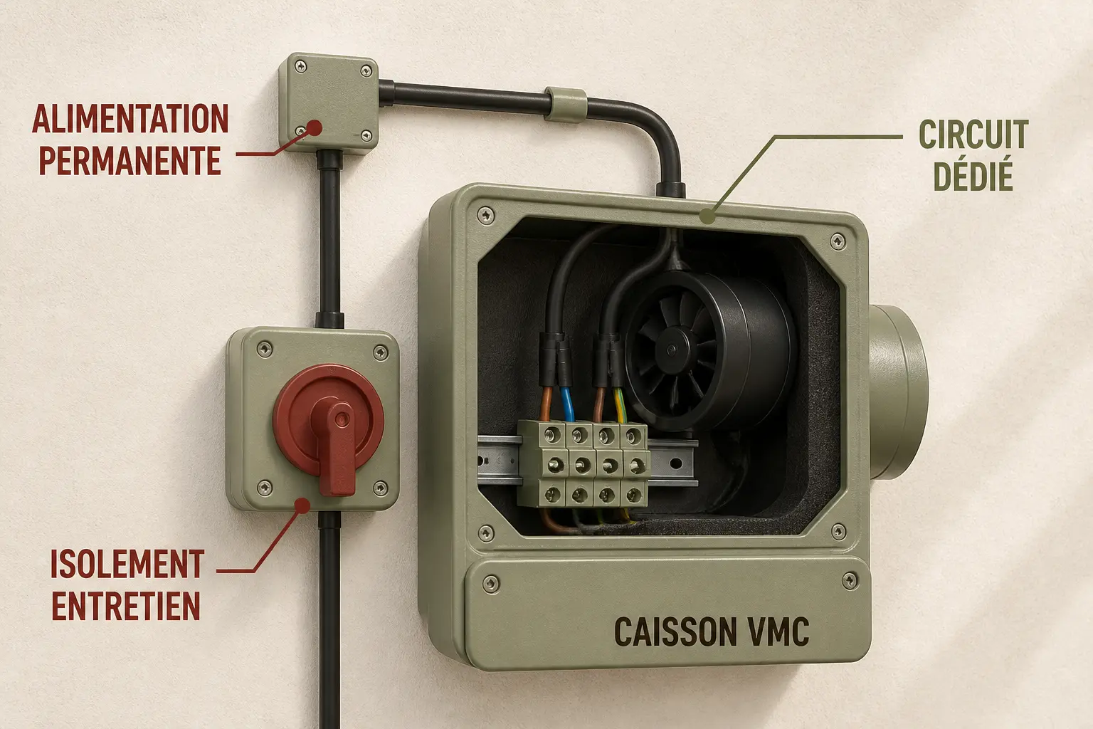 Schéma du branchement vmc sans interrupteur : caisson VMC, alimentation permanente, circuit dédié et isolement entretien.